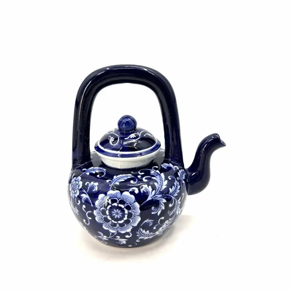 Mandarin Style Cobalt Blue White Floral Lidded Porcelain Teapot